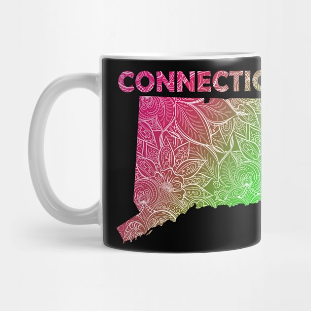 Colorful mandala art map of Connecticut with text in pink and green by Happy Citizen